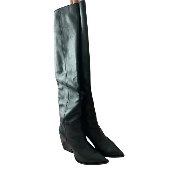 Allsaints Leather Reina Knee-High Boots Angled Block Heel Black Size 36 EU /US 6 - Picture 6 of 14